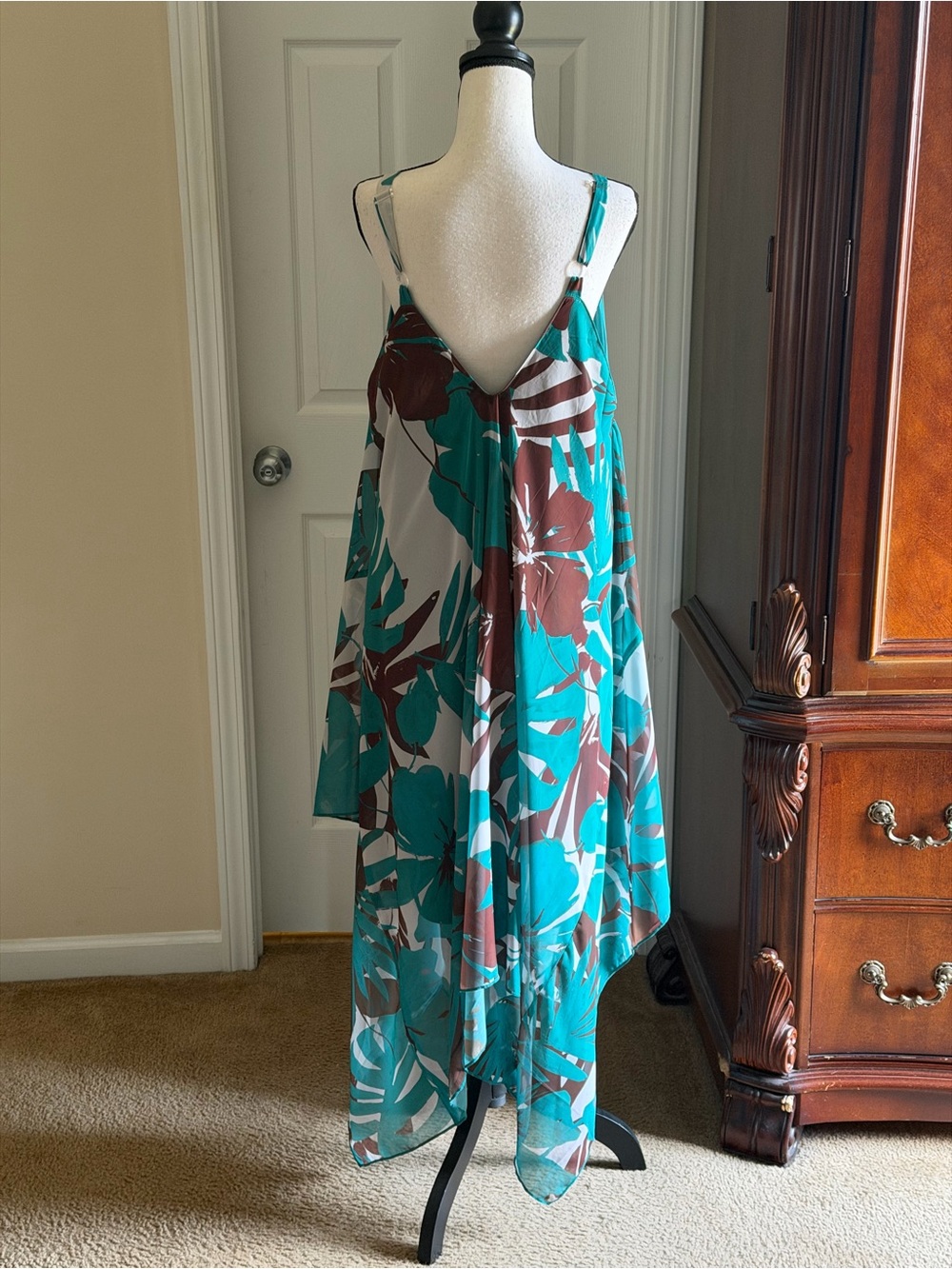 Flowy Teal Tropical Print Handkerchief Hem Dress - Picture 10 of 14